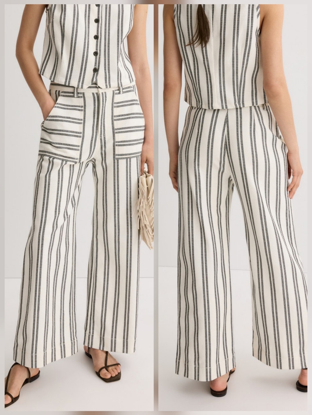 Fifteen Twenty Cream and Black Striped Wide-Leg Pants